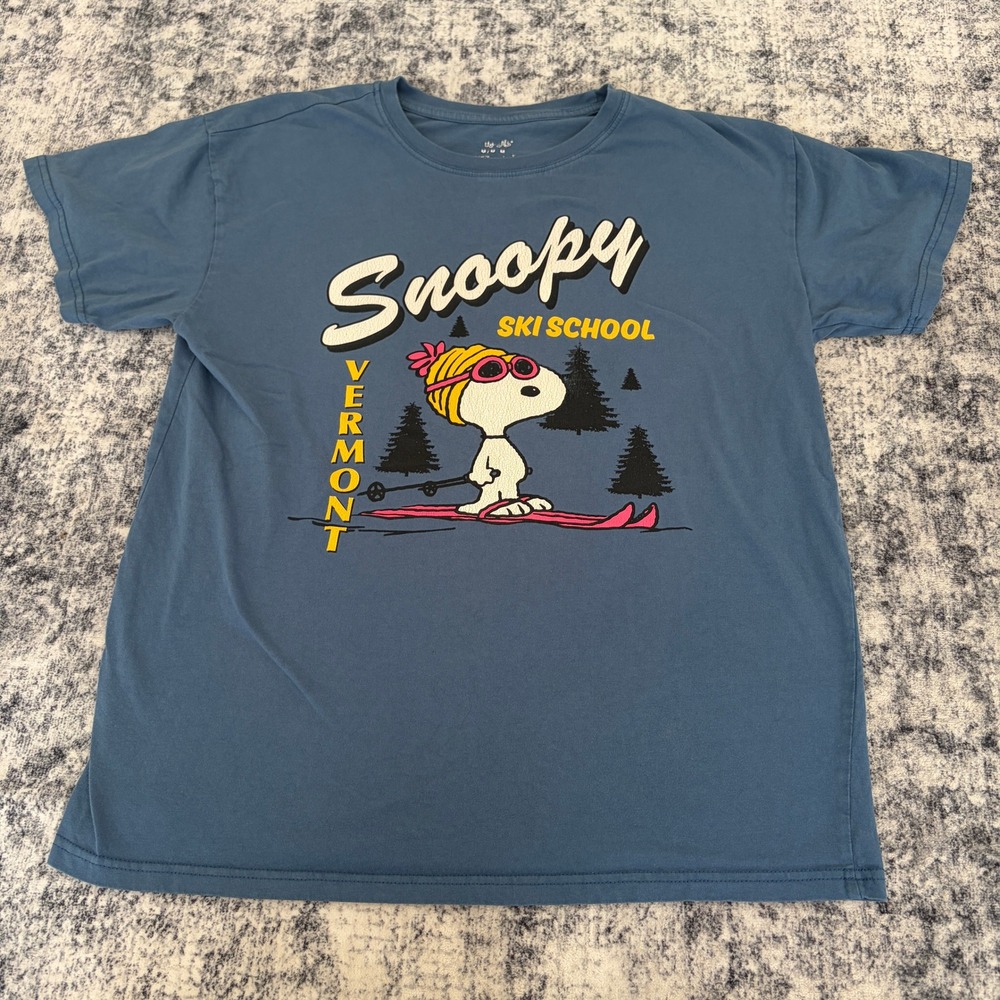 Peanuts Snoopy Ski School Vermont Graphic T-Shirt Mens Medium Blue Mad Engine M